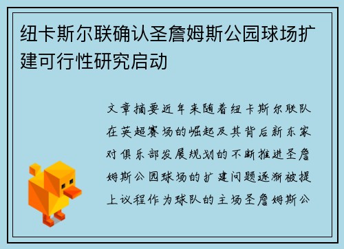 纽卡斯尔联确认圣詹姆斯公园球场扩建可行性研究启动